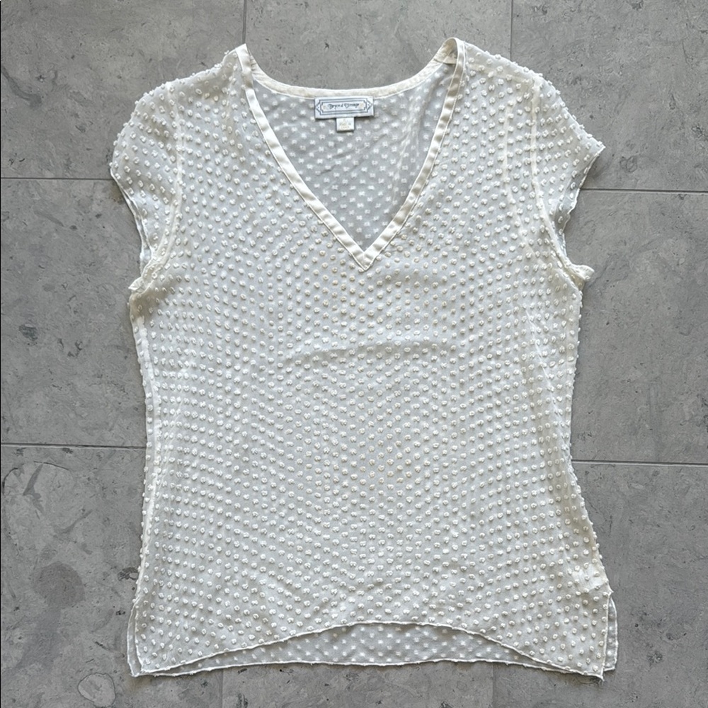 Beyond Vintage Swiss Dot V-Neck S/S Sheer Silk Top in White - Large